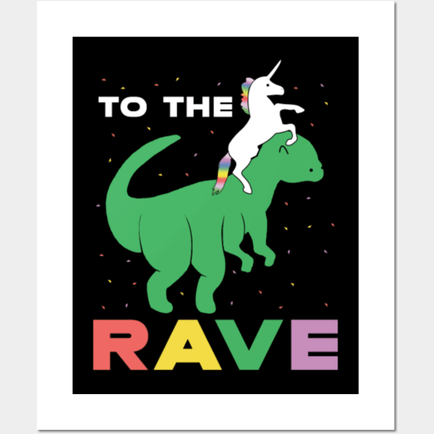 Unicorn riding the Dinosaur to the rave funny Wall Art by Xizin Gao